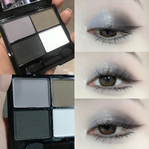 4-Color Eyeshadow Palette Gray & Black Smoky Matte Pearlescent Shimmer Brightening Base Eye Makeup Primer with Application Tool