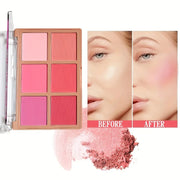 6 Shades Blush-Looking Matte Shimmery Blush Makeup Palette, Contour and Highlight, Long-Wearing, Blendable Makeup Palette