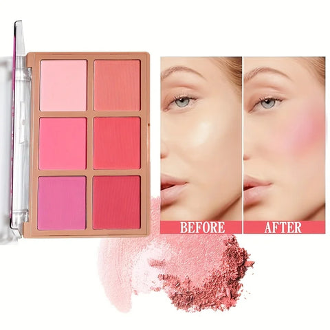 6 Shades Blush-Looking Matte Shimmery Blush Makeup Palette, Contour and Highlight, Long-Wearing, Blendable Makeup Palette