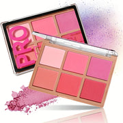 6 Shades Blush-Looking Matte Shimmery Blush Makeup Palette, Contour and Highlight, Long-Wearing, Blendable Makeup Palette