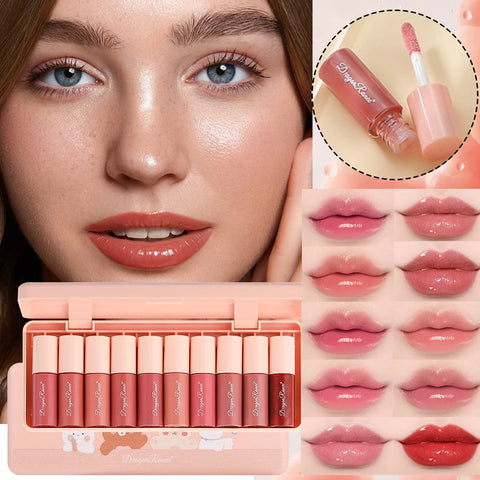 Set of 10 Shimmering Lip Glosses, Easy to Apply, Lip Glaze, Lipstick, Non-Stick Cup, Non-Fading, Moisturizing, Shiny Lip Gloss, Glass Lip, Shimmering Pearlescent Lip Gloss Set