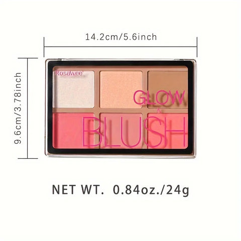 6 Shades Blush-Looking Matte Shimmery Blush Makeup Palette, Contour and Highlight, Long-Wearing, Blendable Makeup Palette