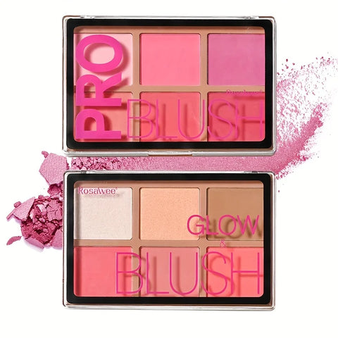 6 Shades Blush-Looking Matte Shimmery Blush Makeup Palette, Contour and Highlight, Long-Wearing, Blendable Makeup Palette